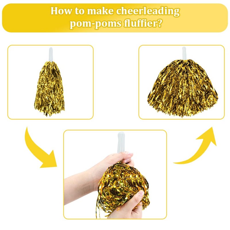 CUGBO 24Pcs Cheerleading Pom Poms, 1 Dozen Handle Metallic Foil Flower Ribbons Cheerleader Pompoms, Kids Children Ball Dance Sports Coaches Game Party Fancy (Gold) - Image 4